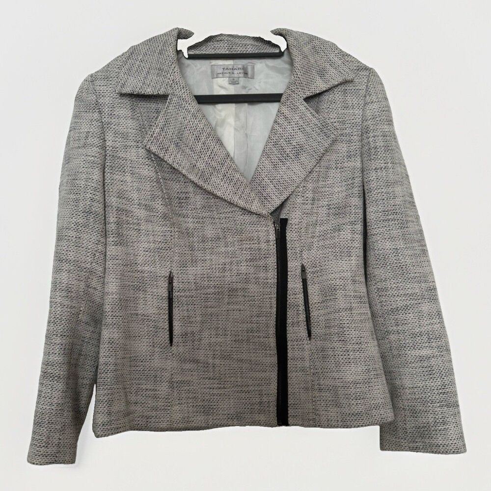 Tahari Arthur S. Levine Tweed Moto Blazer Jacket Asymmetrical Zip Size 10